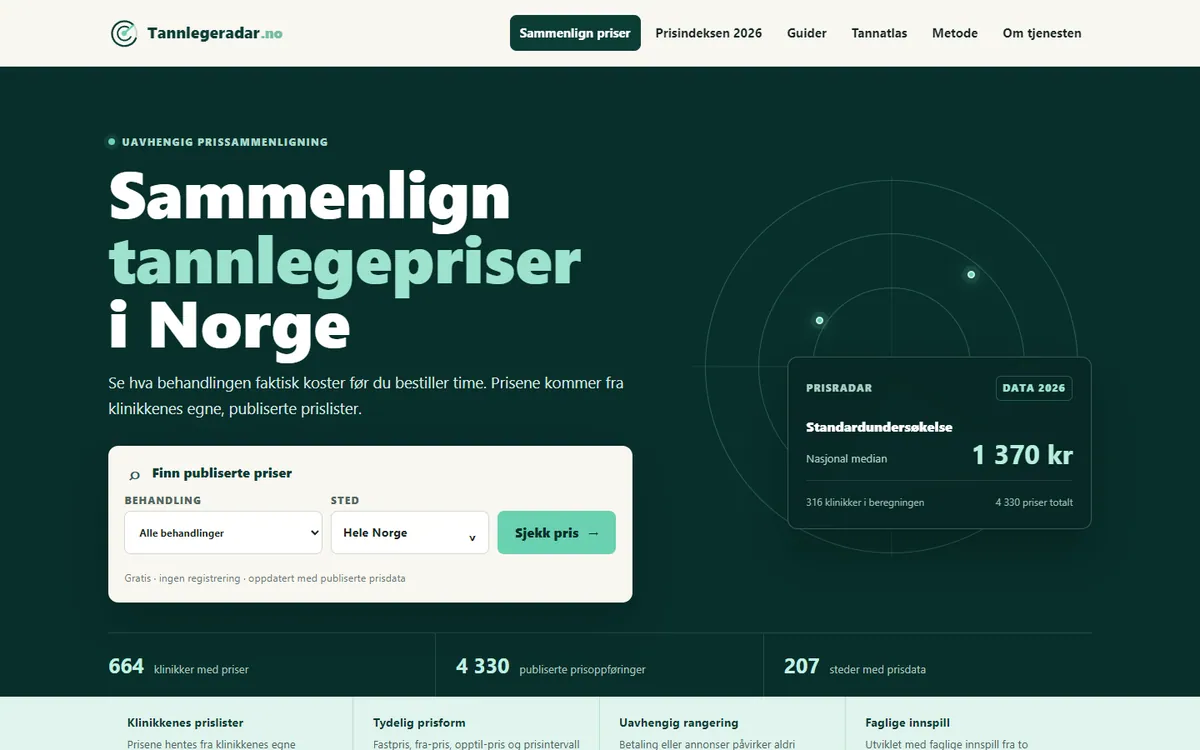 Skjermbilde av forsiden til Tannlegeradar